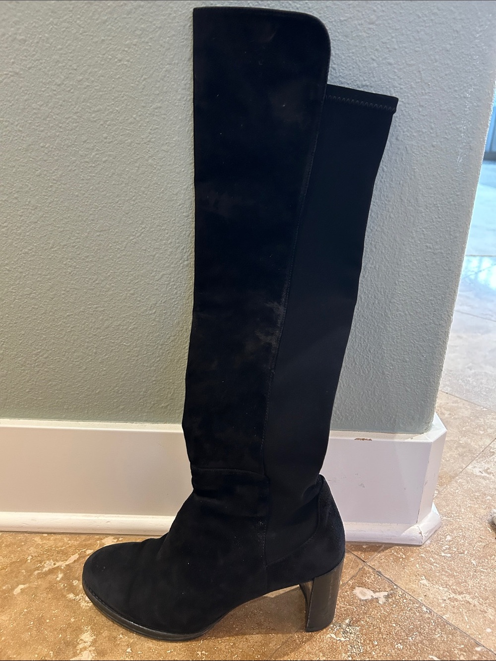 Women's Stuart Weitzman Black Suede Over Knee 3” Platform Heel Boot